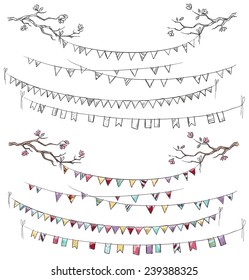 Doodle tree branches and party flags. Garlands. Decorations. Vector illustration.