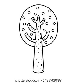 Doodle tree in cartoon style. Black and white hand drawn cute tree element for kids design. Great for apparel, prints, stickers. Vector illustration