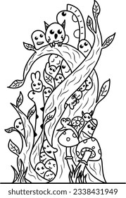 Doodle with a tree and cute woodland creatures. Vector illustration.