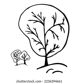 doodle tree drawing. White and black. Vector illustration. Design for Web, print, pattern, cover, article illustration, banner, postcard, post, copy space, coloring page.