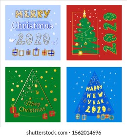 Doodle tree and inscription happy new year 2020 and gifts