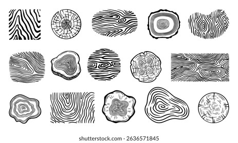Doodle tree log textures. Trees rings, different trunks and logs structures. Abstract wooden elements, simple natural organic shapes, neoteric vector set