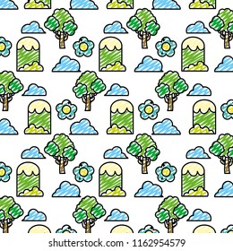doodle tree with mountains and bushes plants background
