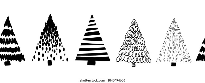 Doodle tree pattern black on white seamless vector border. Monochrome Christmas trees repeating pattern hand drawn sketch style. Modern Holiday design for footer, cards, banner, ribbons, fabric trim