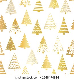 Doodle tree pattern gold foil on white seamless vector pattern. Metallic golden foil Christmas trees repeating background hand drawn sketch style. Modern Holiday design for fabric, wrapping paper.