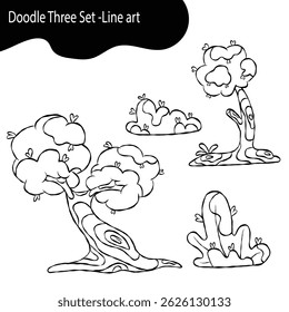 Doodle Tree Set Black Line Art