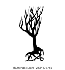 Doodle, tree silhouette with dry branches. Vector graphics.