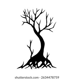 Doodle, tree silhouette with dry branches. Vector graphics.