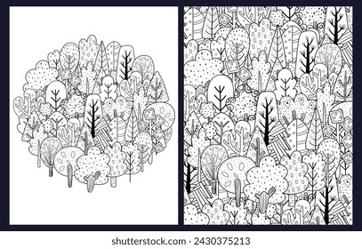 Doodle trees coloring pages set. Black and white templates with funny trees. Outline background. Vector illustration