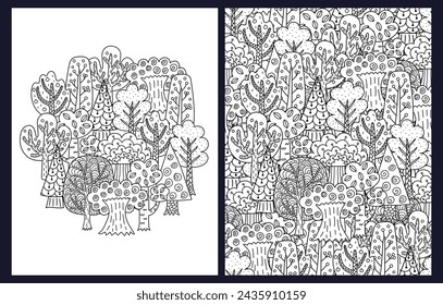 Doodle trees coloring pages set. Black and white templates with whimsical trees. Outline background. Vector illustration