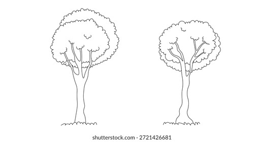 Doodle-Bäume. Einzeln schwarz-weiße Symbole auf weißem Hintergrund. Frühlingsbaum für Ihr Design. Vektorsymbol. Pflanzen, Landschaftsgestaltung. Konzept der ökologischen Idee.
