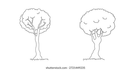 Árboles Doodle. Iconos aislados en blanco y negro sobre fondo blanco. Árbol de primavera para su diseño. Signo de símbolo de Vector. Plantas, diseño de paisajes. Concepto de idea ecológica.
