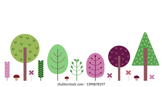 Doodle trees isolated on white background. Cute cartoon plants. Geometric shapes. Mushrooms and bushes. Vector illustration. Simple minimal template for children print or card. For banner, kids game.