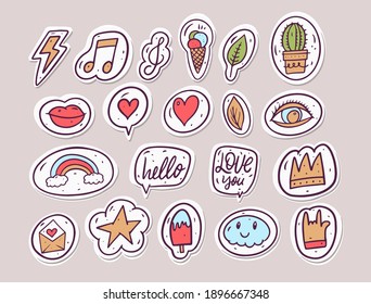 Doodle trendy badges and stickers. Comic colorful style. Vector illustration isolated.