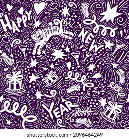 Doodle trendy color Christmas seamless pattern with New Years tiger on velvet violet background. Tiger, garlands, cakes, gifts, glasses, confetti and lettering quote as symbols of happy new year.