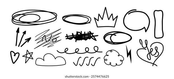 Doodle trendy hand drawn elements.  Scribbles, crown, arrow. Editable stroke. Pencil charcoal. Swirl shape. Line and underline. Mark. Curves. Abstract. Brush crayon tattoo texture. Punk grid