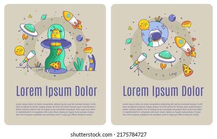 Doodle trendy retro posters about space and aliens stealing pizza. Astronaut and science
