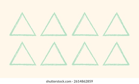 Doodle triangle hand drawn frame. Scribble pencil style triangle outline. Crayon textured children brush stroke. Sketchy triangle grunge color set. Vector illustration.