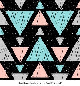 Doodle triangle seamless background. Abstract blue, grey and pink triangle pattern for card, invitation, wallpaper, album, scrapbook, holiday wrapping paper, textile fabric, garment, t-shirt etc