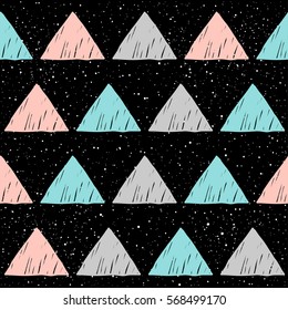 Doodle triangle seamless background. Abstract blue, grey and pink triangle pattern for card, invitation, wallpaper, album, scrapbook, holiday wrapping paper, textile fabric, garment, t-shirt etc