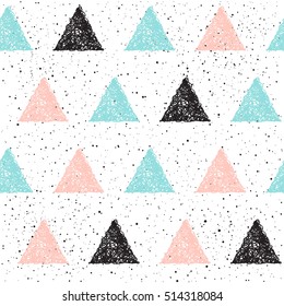 Doodle triangle seamless background. Black, blue and pink triangle. Abstract seamless pattern for card, invitation, poster, banner, placard, diary, album, sketch book cover etc. 