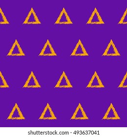 Doodle triangle seamless pattern background. Hand drawn triangles isolated on purple background for use in design card, invitation, book, album, poster, brochures, notebook etc. Halloween colors.