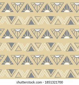 Doodle triangles and lines on beige background, vector seamless pattern.