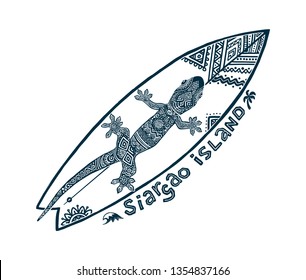 Doodle tribal tattoo style vector surfboard with ornate gecko on it and sign Siargao island. Symbol of Philippines surfing.