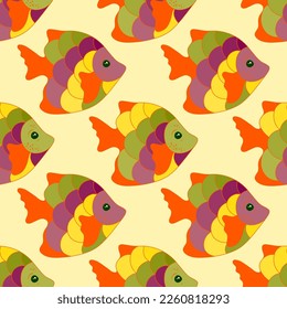 Doodle tropical fish endless textile print vector. Marine fauna swimming. Baby fashion clothes print. Tropical fish undersea life illustration. Different color squama, fins