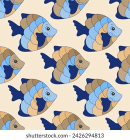 Doodle tropical fish seamless fabric print illustration. Sea water fauna pattern. Summer fashion textile print. Tropical fish isolated graphic design. Multi-coloured scales, tail