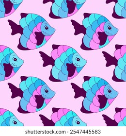 Doodle tropical fish seamless textile print design. Aquatic fauna diving. Summer fashion clothes print. Tropical fish flat illustration. Multicolored scales, tail