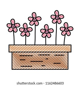 doodle tropical flowers with petals inside wood plantpot