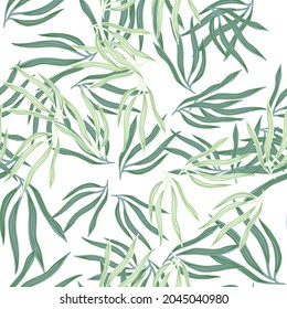 Doodle tropical leaves semless pattern. Abstract tropic leaf isolated on white background. Exotic hawaiian wallpaper. Design for fabric, textile print, wrapping, cover. Vector illustration.