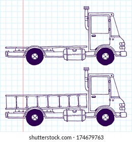 Doodle trucks. School notebook. Vector illustration. 