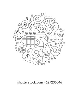 Doodle Trumpet. Jazz festival coloring page. Decorative vector illustration. 