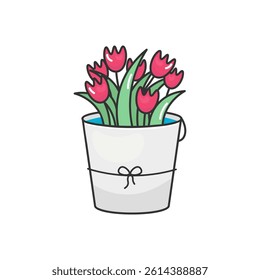 Doodle Tulips in Bucket. Hand-drawn Spring Floral Icon, Playful Garden Vector Illustration. Perfect for spring designs, gardening blogs, wedding invitations