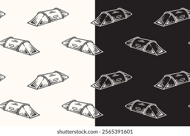 doodle tunnel tent seamless pattern on black white background for camping adventure merchandise.  retro tourist outdoor tent pattern background. pattern of outdoor camping tent vector background