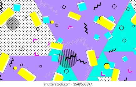 Doodle Turquoise Backdrop. Lilac Fun Wallpaper. Bright Decor. Yellow Cover. Artistic Illustration. Violet Cartoon Drawing. Baby Blue Pattern. Memphis Ornament.