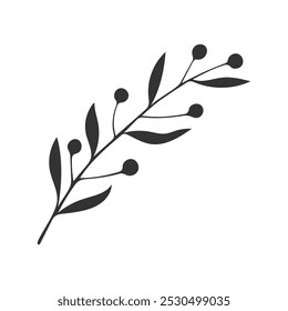 Doodle twig with leaf and berry, silhouette branch hand drawn, element design on white background. Vector illustration