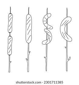 Doodle twigs with sausages for a Campfire. Summer hike, Camping, picnic Food. Isolated hand drawn illustration