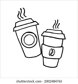 Doodle two cardboard cups with hot coffee and tea matches on a white sheet are isolated.  Hand drawn two cups with a hot drink