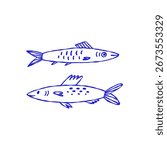 Doodle Two Fish Sardine Illustration Print. Coastal Graphic Vector Drawing