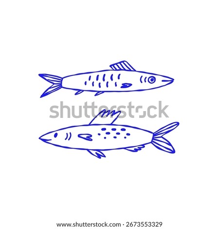 Doodle Two Fish Sardine Illustration Print. Coastal Graphic Vector Drawing