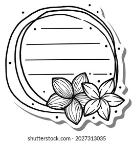 Doodle Two Flowers bottom right Circle Notepaper on white and gray silhouette for cut file. Black line in for message like notepaper. Vector illustration about stationery.