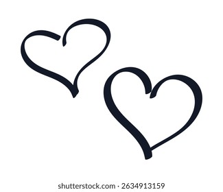 Doodle two Hearts. Hand drawn marker symbol of Love, Sympathy. Outline icon of Romance. Isolated black ink shapes. Simple comic style. Childish image. Black and white sketch icon. Vector illustration
