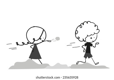 Doodle two kids play throw snowballs
