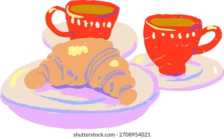 Doodle Two Red Coffee Cups and Delicious Croissant