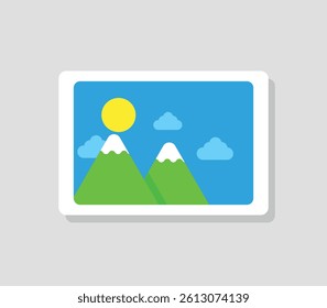 Doodle of two simple mountains with white snow caps, set against a blue sky with a bright yellow sun in the top left corner and three light blue clouds.