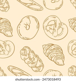 Doodle Type of Bread Seamless Pattern. Bread Line Art Pattern. Bagel, Challah, Croissant, Pretzel, Baguette.