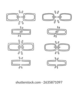 Conjunto de ícones de desvinculação da interface do usuário do Doodle. Fraca desconexão de contorno quebrado intervalo desvincular coleção. Ilustração vetorial